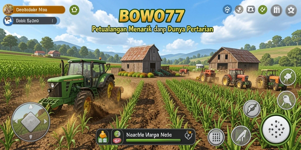 Screenshot gameplay BOWO77 menunjukkan ladang yang subur dan hewan ternak.