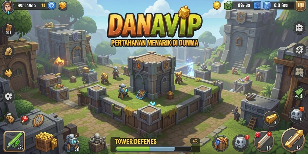 Tampilan gameplay <strong>DANAVIP</strong> yang menampilkan menara pertahanan yang strategis.