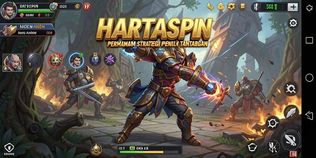 Screenshot HARTASPIN menampilkan aksi pertarungan strategis antar karakter.