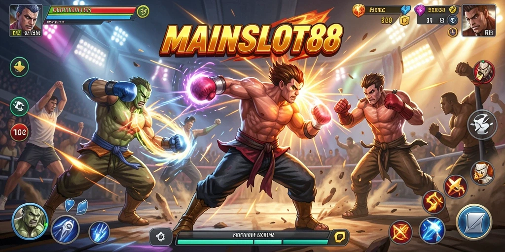 Tangkapan layar MAINSLOT88 menampilkan pertarungan intens antara karakter.