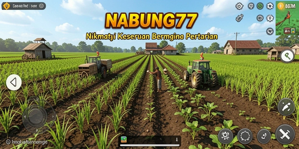 Tampilan utama gameplay NABUNG77 menampilkan ladang yang subur dan tanaman yang siap dipanen.