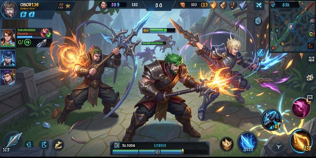 Gameplay seru dengan tim bertarung di arena MOBA.