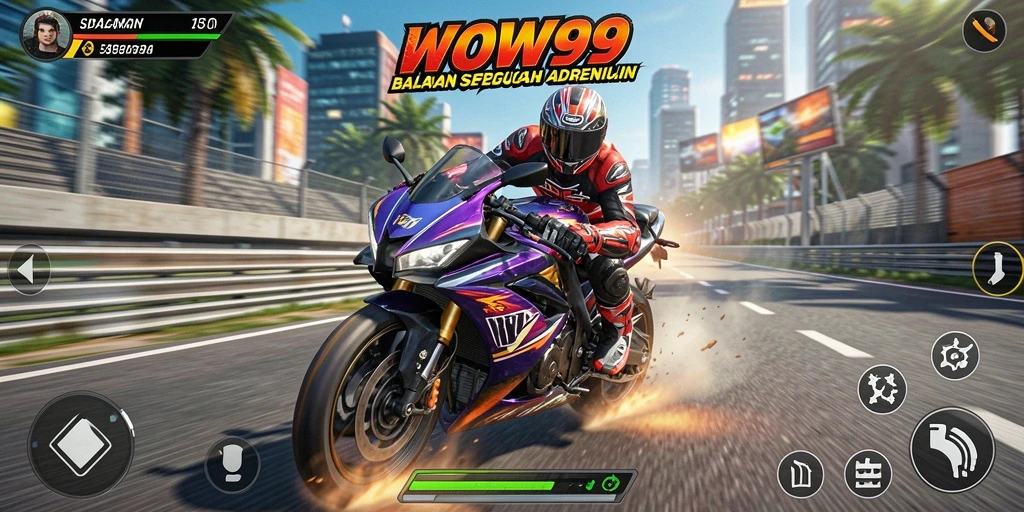 Tampilan gameplay WOW99 yang mendebarkan di trek balapan motor.